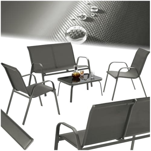Image of tectake® 4-Seater Garden Furniture Set, Incl. 2 Garden Chairs, 1 Sofa & 1 Coffee Table, Outdoor Furniture Set with Steel Frames & Water-Repellent Fabric for Backyard, Patio, Balcony - Anthracite