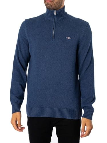 Image of GANT Men's Classic Knit Cotton Half Zip Evening Blue, Dk Denim Blue Melange, 4XL