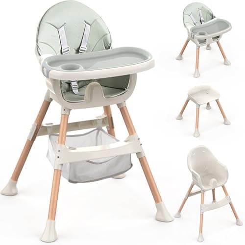 Image of Baby High Chair, 4-in-1 Convertible Highchairs, Adjustable Height,Comfortable Toddler Chair & Table,Removable Double Tray,Ergonomic Feeding Portable for 6 Months to 5 Years,Green