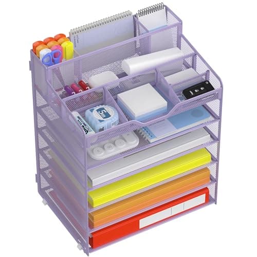 Image of Docnest Multi-Functional Desk Organizer Tray, 6 Tier Paper Letter Tray Organizer with 3 Pen Holder, Mesh Desktop Organizer and Storage with 5 Adjustable Compartments for Office Supplies-Purple