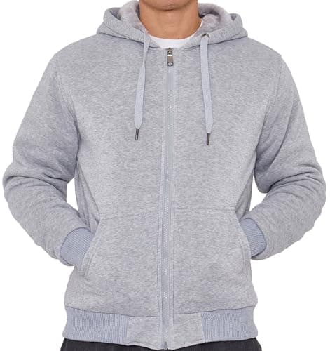 Image of LABEL APPAREL Men’s Fur-Lined Zip Hoodie Plain Full-Zip Winter Jacket with Plush Faux-Fur Hood, Warm Cotton-Blend Fabric & Ribbed Cuffs Soft Casual Sweatshirt for Cold Weather(Grey