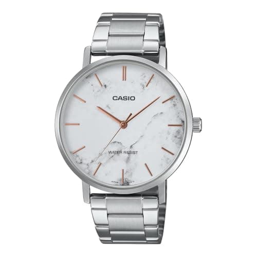 Image of Casio MTP-VT01DM-7A Men's Stainless Steel Minimalistic White Marbled Dial 3-Hand Analog Watch, white, Modern