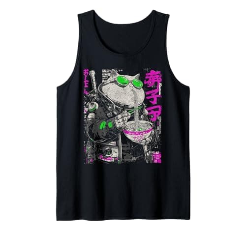 Image of Japanese Streetwear Fatty Cat Eats Ramen Cyberpunk Y2K Anime Tank Top