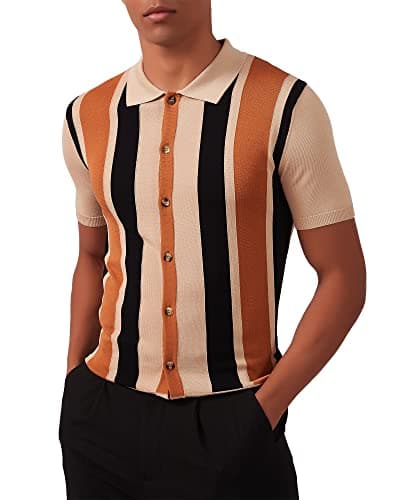 Image of Kallspin Men's Vintage Knit Polo Shirt Short Sleeve Striped Button Down Knitting Golf Shirts(Beige X-Large)