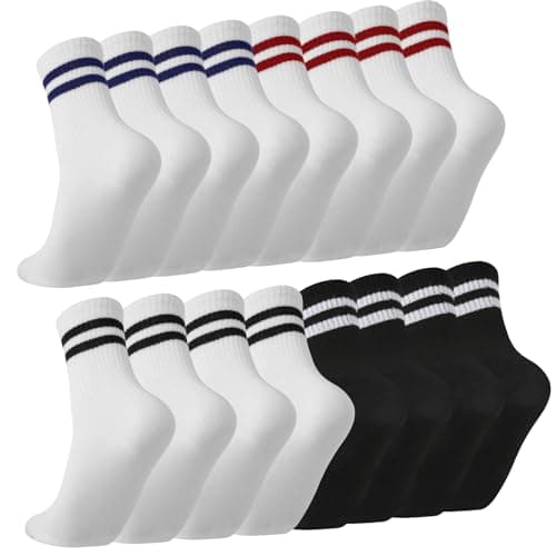 Image of Zuimei 8 Pairs Striped Crew Socks Multipack Sports Running Socks for Men Women Size, Soft Athletic Socks Breathable Black White Grey Socks for Work School Casual Walking, Stripes