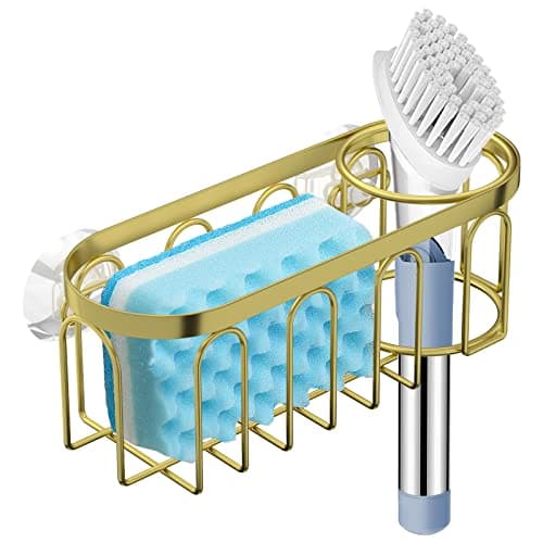 Image of Yazoni 2-in-1 Sponge Holder for Kitchen Sink, Suction Cup Sponge Rack Kitchen Caddy, No Drill Rustproof Sink Organizer for Place Dishwashing Brush Soap (Gold)