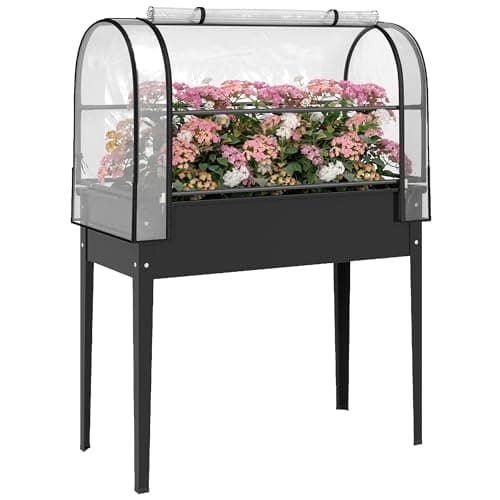 Image of Outsunny Raised Planter with Flip-Up Greenhouse Cover, Metal Raised Garden Bed on Legs with Drainage Hole and Gloves, Outdoor Elevated Garden Planter for Vegetables, Herbs, Flowers, Black