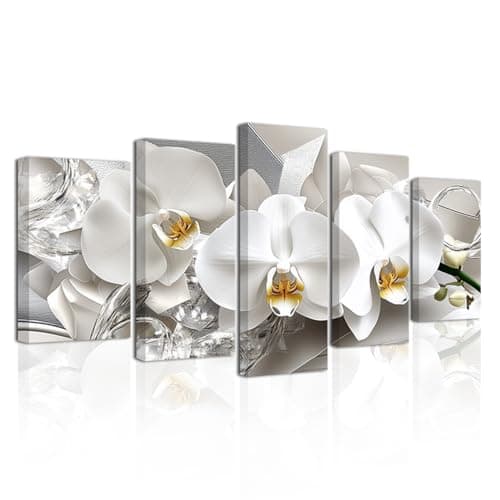 Image of LZIMU Large Flowers Canvas Wall Art 5 Pieces White Orchid Picture Prints Abstract Floral Painting Framed Artwork for Home Bathroom Decor (White, 8"x14"x2 8"x18"x2 8"x22"x1)
