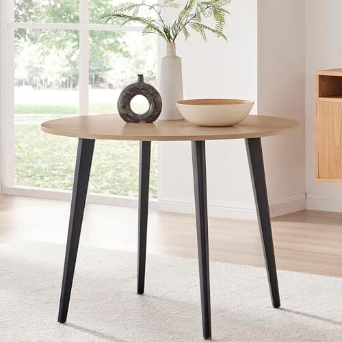 Image of Furniturebox UK Koko Small Round Oak Wood Effect Dining Table 100cm Contemporary Durable Oak Wood Effect Melamine Veneer Top Black Metal Industrial Scandi Modern Style Dining Room Furniture