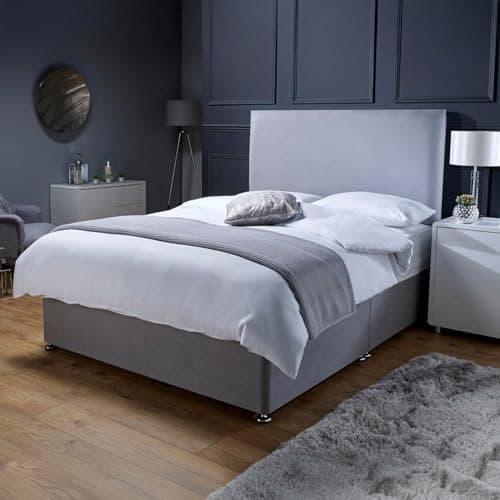 Image of Savako Premium - Grey Plush Divan Bed with Memory Foam Mattress and Headboard with Chrome Feet - (4ft Small Double - 120cm x 190cm)