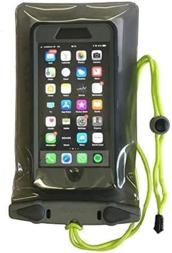 Image of Aquapac Waterproof Phone Case, Medium, Grey, Lanyard, iPhone and Android, Made in The UK, Hiking, Mountain Biking, Running Accessory, Floating, 5 Year Warranty. IPX8 certified to 30 ft deep.