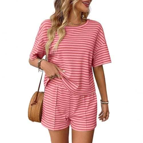 Image of DONYKARRY Womens 2 Piece Sets Striped Short Sleeve Lounge Set Outfit T Shirts and Shorts Loungewear Matching Set(Pink,XL)