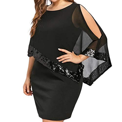 Image of Chiffon Elegant Dress Women's Long Large Sizes Tulle Overlay Casual Dresses A-line Swing Women's Large Size Chiffon Cape Sleeves Cocktail Dress Knee-Length Scoop Neck A-line Evening Dress, black, M