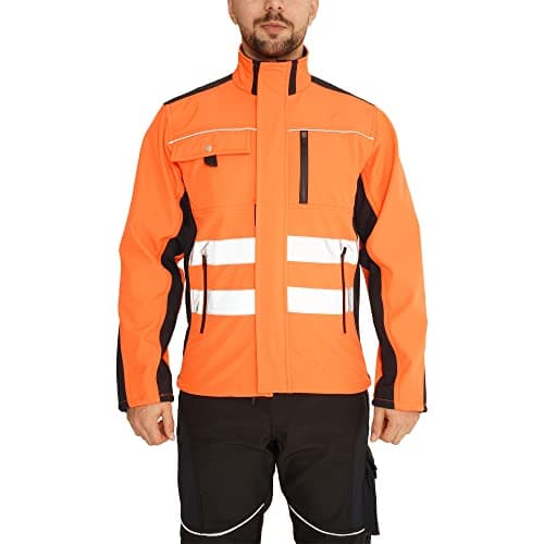 Image of Sam Caan® Hi Vis Softshell Jacket Men High Visibility Viz Reflective Water Resistant Shower Proof Rain Repellent Windproof Safety Site Coat Work Wear Builder Soft Shell Workwear Warm Top