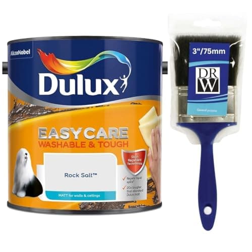 Image of Rock Salt Dulux Easycare Matt Emulsion Paint 2.5L + 3" Emulsion Paint Brush – Washable & Stain Resistant, Durable Matt Finish, Quick Dry, Low Odour Interior Wall & Ceiling Paint