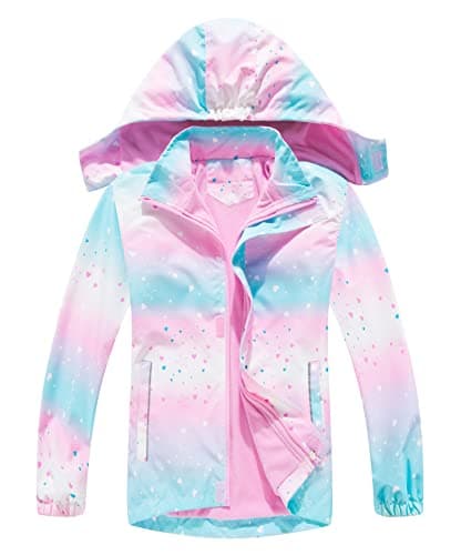 Image of CAMLAKEE Girls Waterproof Jackets Kids Raincoats FLeece Lined Printed Hooded Coat Outdoor Windbreaker PinkHeart UK:7 -8 years (manufacturers's size: 130)