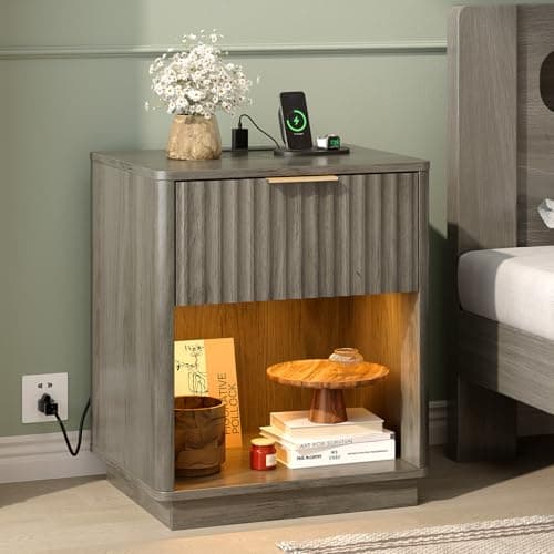 Image of Bonnlo Smart Nightstand with LED Lights & Charging Station, Bedside Table with USB, 48 x 38 x 57 cm, Side Table for Living Room, Bedroom, Office (Grey)
