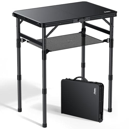 Image of Anbte 2ft Small Folding Camping Table, Waterproof Flat Plastic Tabletop 3 Adjustable Height Portable Camping Table with Storage Net, for Picnic Indoor Outdoor Travel Beach, 22.8" X 15.7", Pure Black