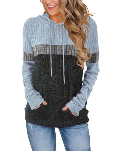 Image of Gemulate Ladies Trendy Winter Top Hoodies Lightweight Cardigans Long Sleeve Autumn Jumpers for Women UK Ribbed Winter Tops Fashion Hoodie & Sweatshirt Casual Loose Striped Tops Blue and Grey L