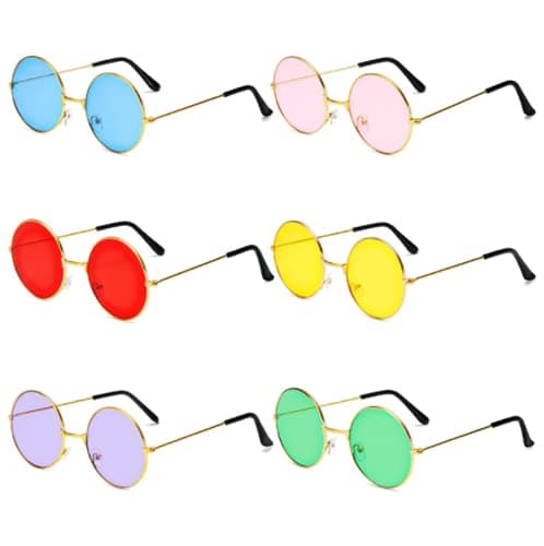 Image of sanvpwsan 6Pcs Round Metal Frame Glasses Retro Hippie Style Multicolor Sunglasses, Christmas Party Glasses, John's 60s Style Glasses Accessories (Gold Frame)