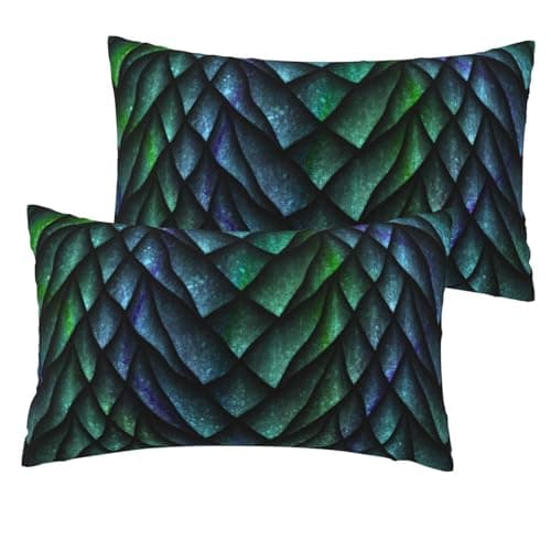 Image of Colour Dragon Scale Set Of 2 Faux Linen Lumbar Cushion Covers 12x20in Printed Decorative Throw Cases