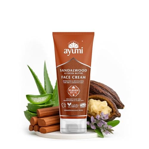 Image of Ayumi Sandalwood & Cocoa Butter Face Cream | Aloe vera Face Moisturiser for Dry Skin | Moisturising Cream to Soothe Irritation|Aromatic Cream with Lavender Oil |Face Moisturiser for Men & Women|100 ml