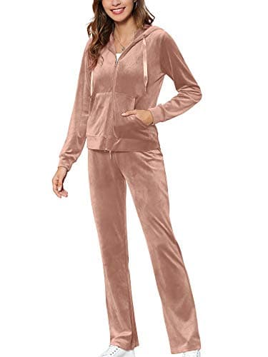Image of MessBebe Womens Velour Tracksuits Set Sweatsuit Hoodie Top and Jogging Pants Casual Loungewear 2 Piece Sportswear Dusty Pink M