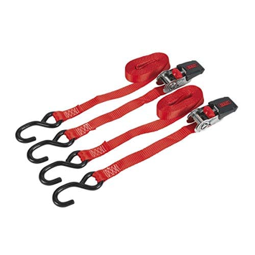 Image of Sealey Td284Sd Ratchet Tie Down 25Mm X 4Mtr Polyester Webbing S Hooks 800Kg Pair