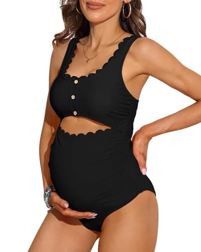 Image of Charmo Maternity One Piece Swimsuit Scalloped Trim Bathing Suit Cut Out Pregnancy Swimwear Black L