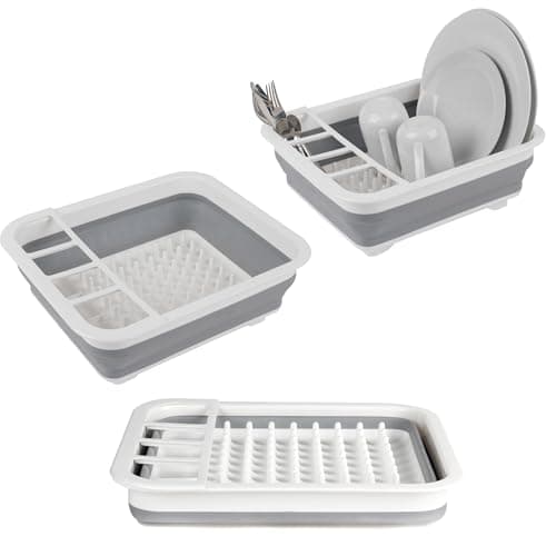 Image of Beldray Foldable Dish Drainer Drip Tray with Foldable Cutlery Divider - Compact Storage Plastic Sink Drying Rack Space Saving Shelf for Caravans, Motorhomes, Grey