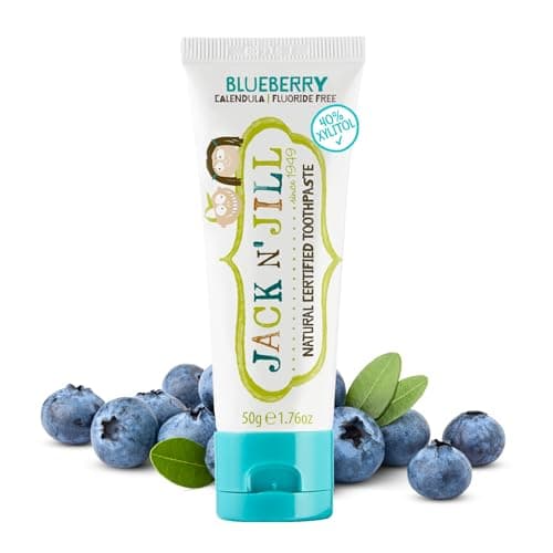Image of Jack N’ Jill Natural Certified Kids Toothpaste – Fluoride-Free Toddler & Baby Toothpaste with 40% Xylitol, No Sugar, Suitable from 6 Months+, Organic Blueberry Flavour, Pack of 1 (50g)