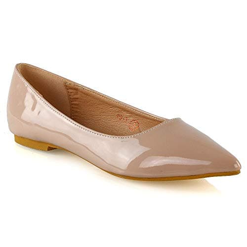 Image of ESSEX GLAM Women's Flat Slip On Pumps Ladies Pointed Toe Ballet Work Shoes Size 3-8 Nude Patent