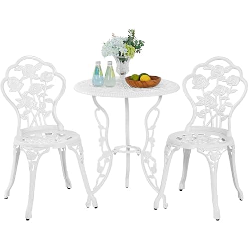 Image of Yaheetech 3 Piece Patio Bistro Table Set Garden Furniture Set, Aluminum Table and Chairs Outdoor Patio Furniture, Rose Design Dinging Table and Chairs for Balcony Garden Porch, White