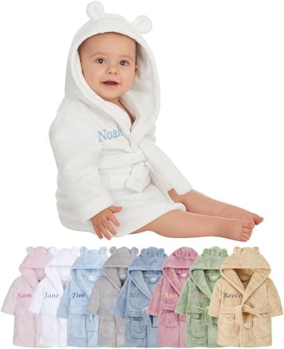 Image of Hoolaroo Personalised Baby Dressing Gown Baby Dressing Gown Robe With Teddy Ears Bath Robe Towel Personalised Gifts Girl Boy Clothing White 0-6 Months