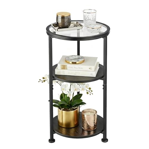 Image of ZEXVIDA Side Table, Tempered Glass Small Round Side Table with 3-Tier Storage Shelves for Small Spaces, Modern Glass Round End Table for Living Room, Bedside Table Nightstand for Bedroom (Black)