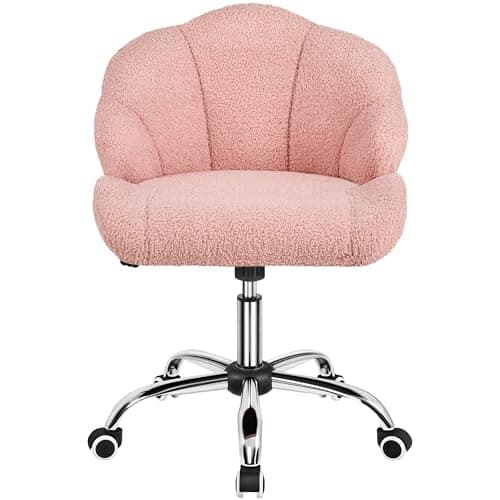 Image of Yaheetech Teddy Boucle Vanity Office Desk Chair with Back & Wheels Dressing Table Chair Makeup Bedroom Upholstered Armless Swivel Chair with Shell Back for Home Office Pink