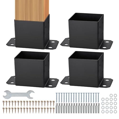 Image of VEVOR 152.4x152.4 Post Base 4 Pcs, Inner Size 142x142 Post Base Brackets, Heavy Duty Powder-Coated Post Anchor Matte Black Wood Post Brackets for Pavilion Deck Railing Support Deck Base Plate