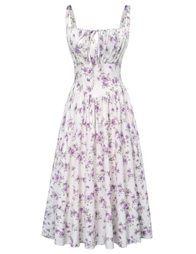 Image of SCARLET DARKNESS Women Summer Dresses Casual Floral Beach Sundress A-Line Sleeveless Spaghetti Strap Victorian Milkmaid Corset Dress Purple XXL
