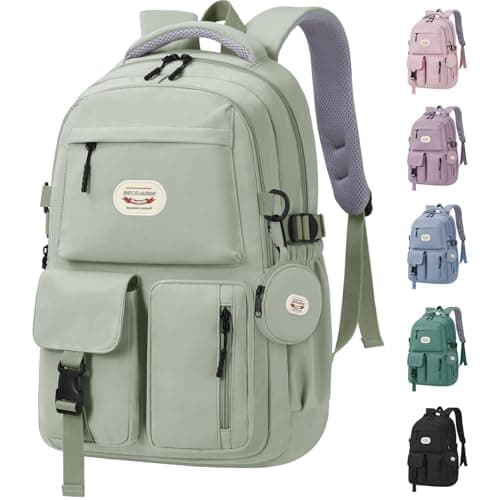 Image of BECOJADDE Backpack School Bag Womens Girls with 15.6'' Laptop compartment, Water Resistant Rucksack with Coin Purse, Daypack for College, Work & Travel, Ideal for Teens & Students Green 25L