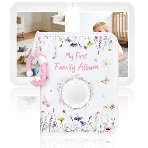 Image of Ainiv Baby Photo Album Holds 17 6.5 x 4.5 in Pictures, My First Year Family Photo Book with Hook, Soft Cloth Album, Kid Memory Keepsake Gift for Newborns Toddlers Babies Shower, White Flower