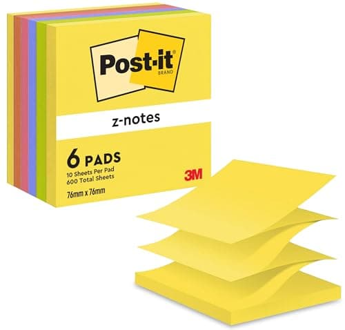 Image of Post-it Z-Notes Neon Rainbow Collection, Pack of 6 Pads, 100 Sheets per Pad, 76 mm x 76 mm, Yellow, Green, Purple, Pink, Orange Colors - Self-Stick Notes for Note Taking, to Do Lists & Reminders