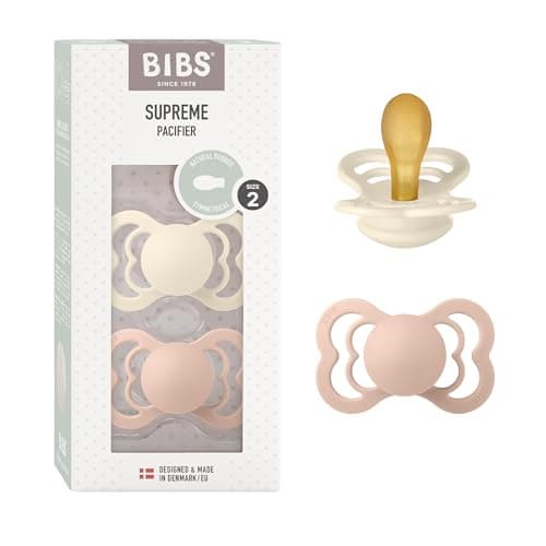 Image of BIBS Supreme Soother 2-Pack, BPA Free Dummy Pacifier, Symmetrical Nipple. Natural Rubber Latex, Size 2 (6-18 Months), Ivory/Blush