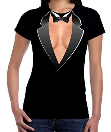 Image of Funny Cleavage Women's Tuxedo T Shirt for Fancy Dress or Hen Party T Shirts. Durable and Vibrant Digital Print Black