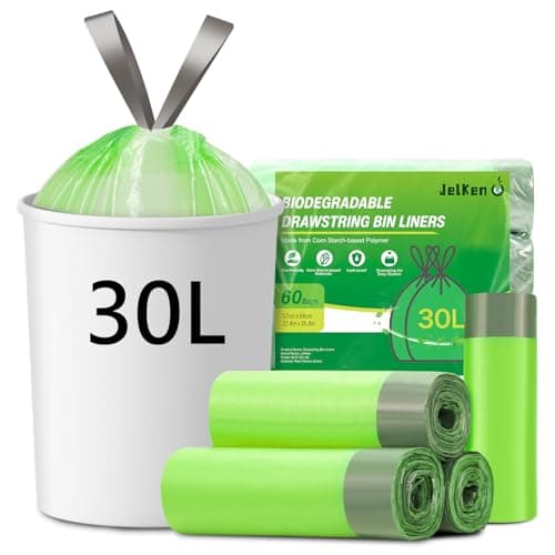 Image of JelKen 60 Biodegradable Bin Liners 30L with Drawstring Tie Handle, Food Waste Bags Strong Trash Bags (57 x 68cm)