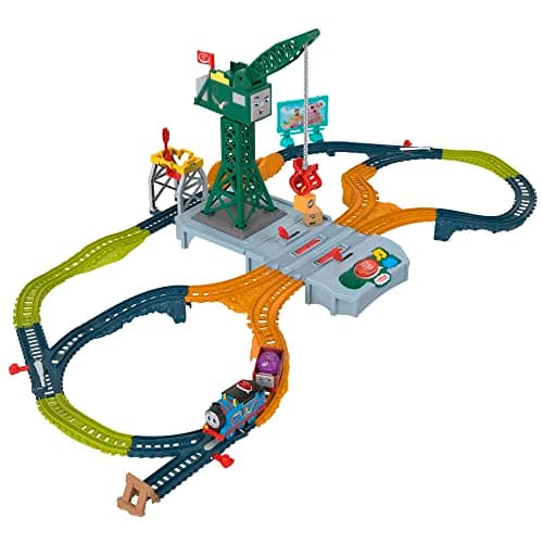 Image of Thomas & Friends Motorized Train Set, Talking Cranky Delivery Set, Battery Powered Toy Train & Crane with Songs & Sounds, UK English Version, HRB37