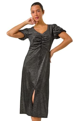 Image of Roman Velvet Ruched Front Stretch Midi Dress for Women UK - Ladies Autumn Everyday Winter Holiday V-Neckline Comfy Short Sleeve Soft Bodycon Frock Dinner Date Gowns - Black - Size 16