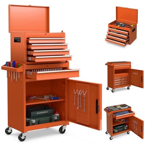 Image of TANGZON Lockable Tool Cabinet, Rolling Tool Chest Combo with Wheels, Drawers, Hooks & Side Handle, Detachable Garage Workshop Tool Cart Trolley (without Middle Compartment, Orange)