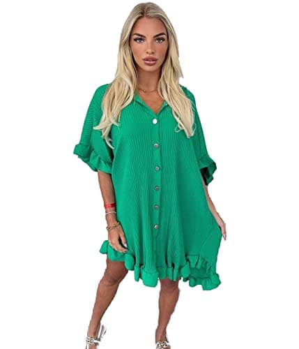 Image of eyes Women’s Gold Button Pleated Short Sleeve Plain Collared Frill Hem Ladies Casual Loose Fit Oversized Baggy Plus Size Swing Summer Dresses for Women Jade Green One Size 8-22