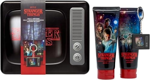 Image of Stranger Things Gift Set – Retro TV Tin Box with Body Wash 100ml, Shampoo & Conditioner 100ml, and Exclusive Keychain – Collectible Merchandise