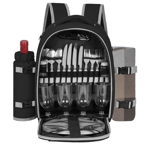 Image of FREEAMG Picnic Backpack for 4 Person with 2 Insulated Leakproof Cooler Compartments, Large Picnic Bag with Cutlery Sets and Blanket, Picnic Basket Backpack for Camping, Hiking, BBQs (Black)